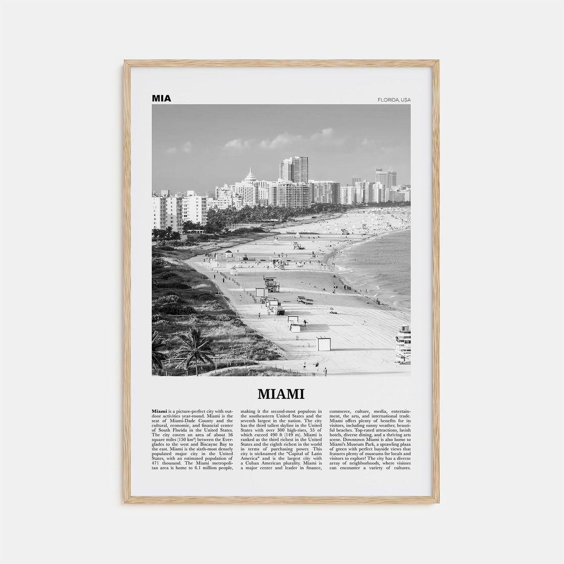 Miami Black and White Travel Poster, Florida USA