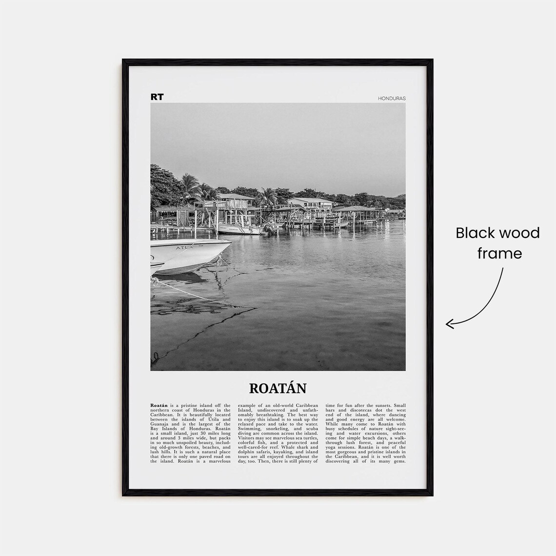 Roatan Black and White Travel Poster, Honduras Map - Image 3