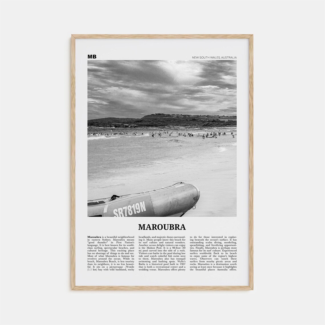 Maroubra Black and White Travel Poster, New South Wales