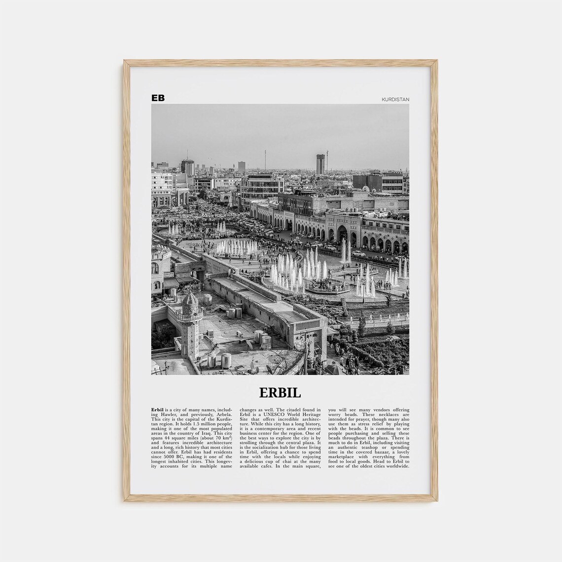 Erbil Black and White Travel Poster, Kurdistan Map