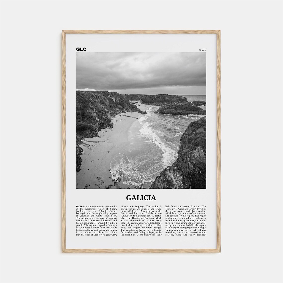 Galicia Black and White Travel Poster, Spain Map