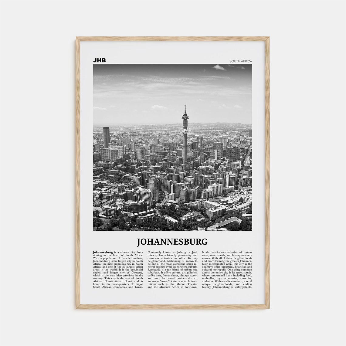 Johannesburg Black and White Travel Poster Print