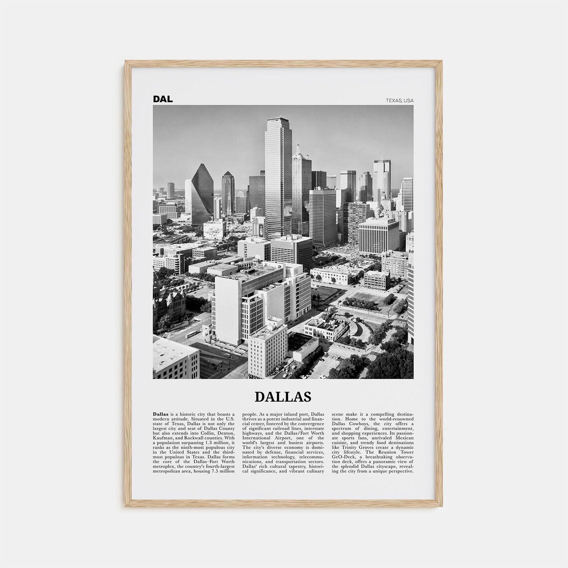Dallas Black And White Travel Poster, Texas USA