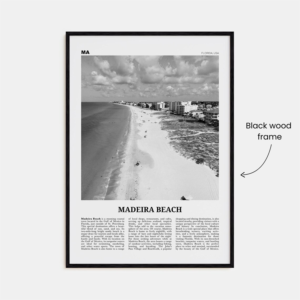 Madeira Beach Black and White Map Travel Art Print - Image 3