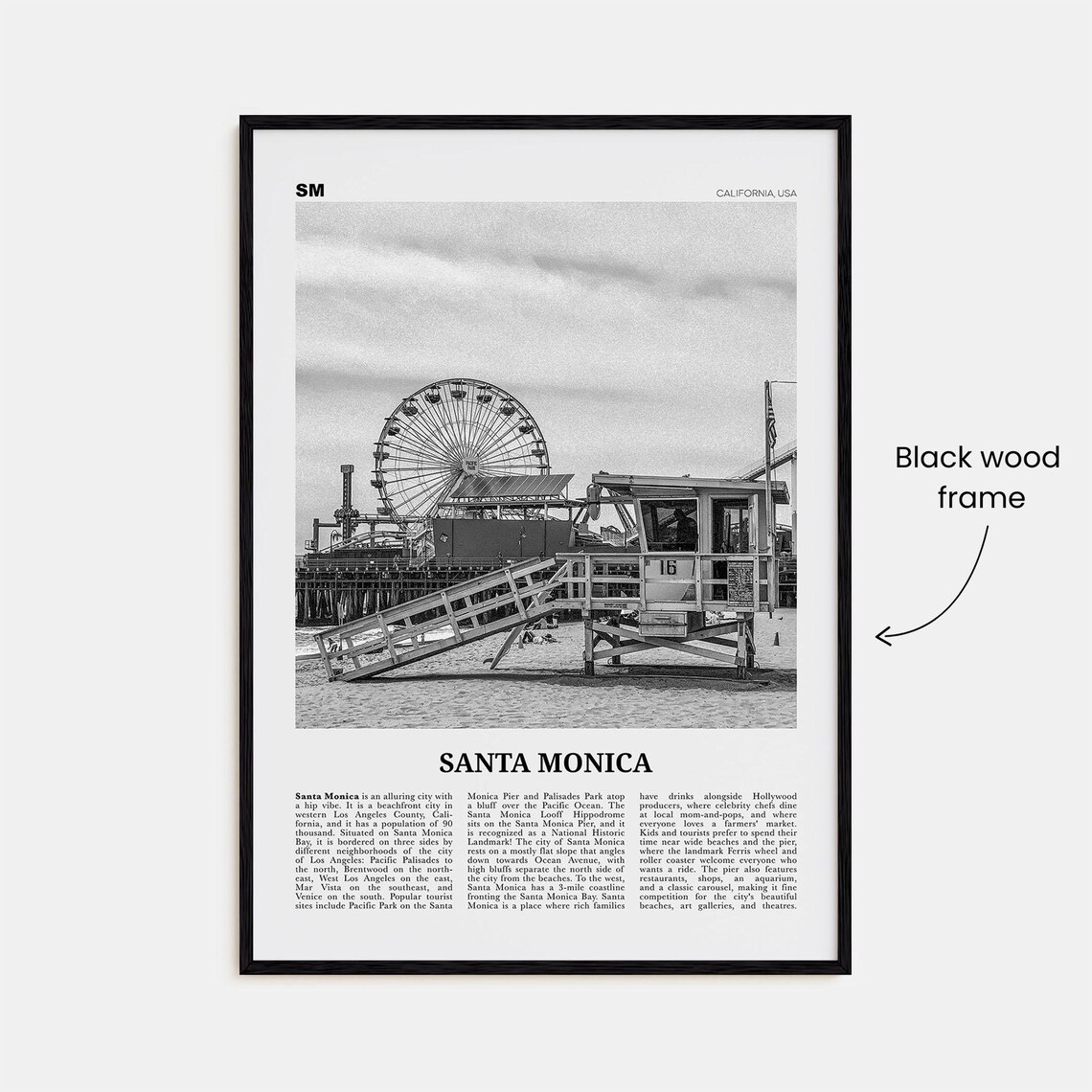 Santa Monica Black and White Travel Poster, California - Image 3