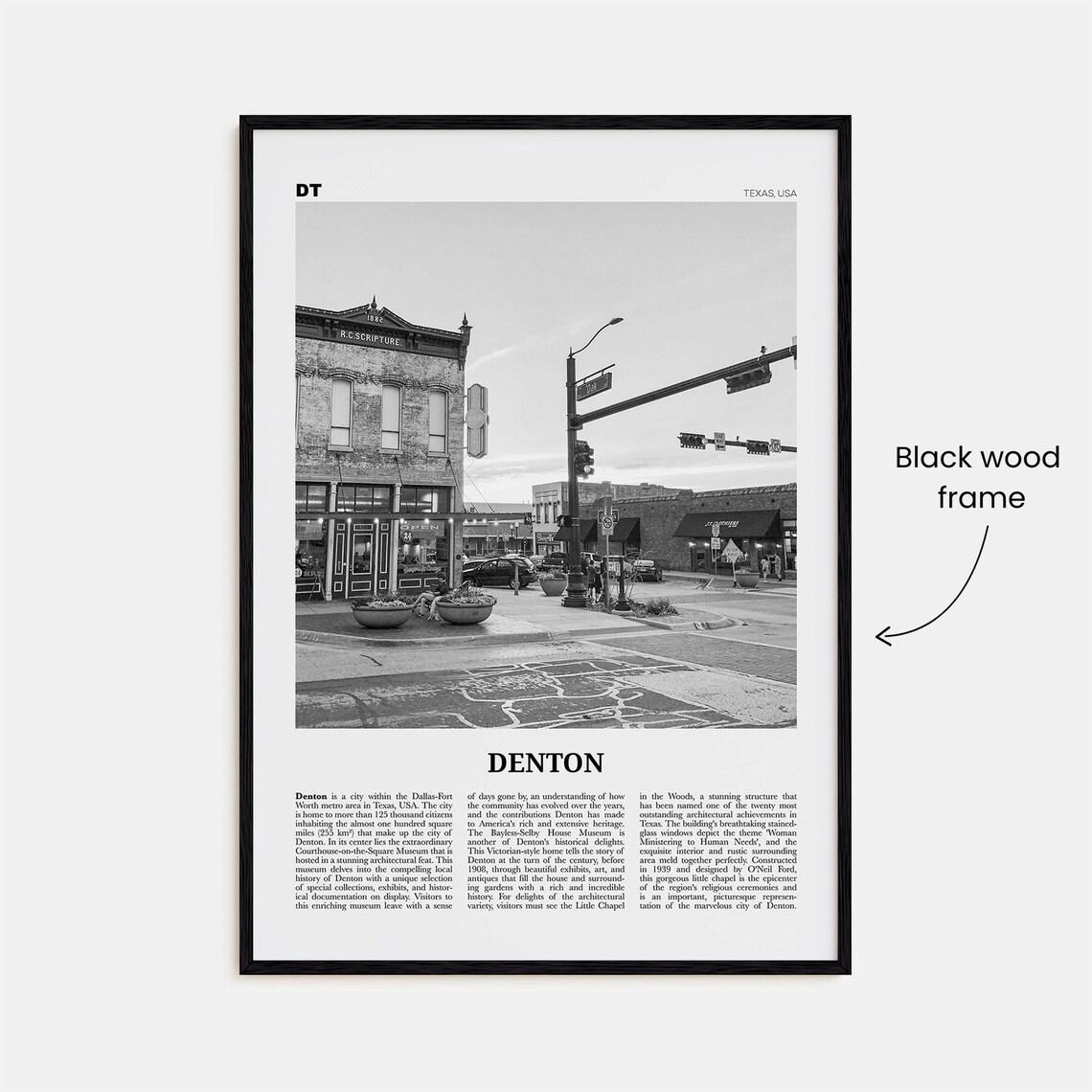 Denton, Texas Travel Poster, Black and White Map - Image 3