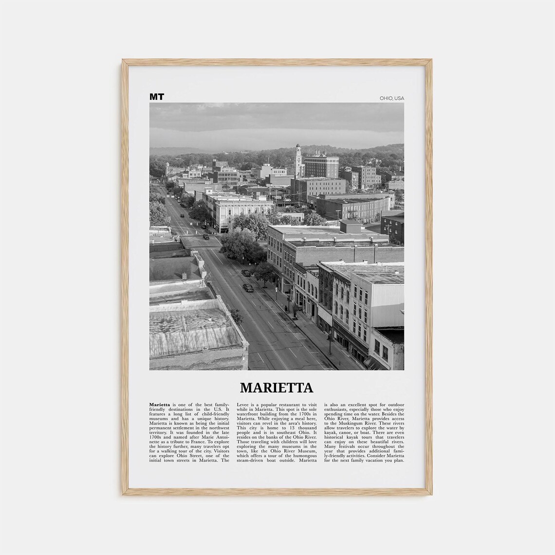 Marietta Ohio Map, Black and White Travel Poster