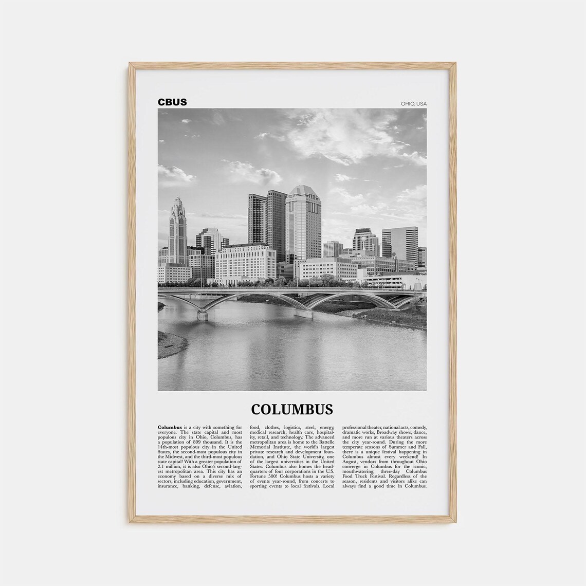 Columbus, Ohio Black and White Wall Art Print