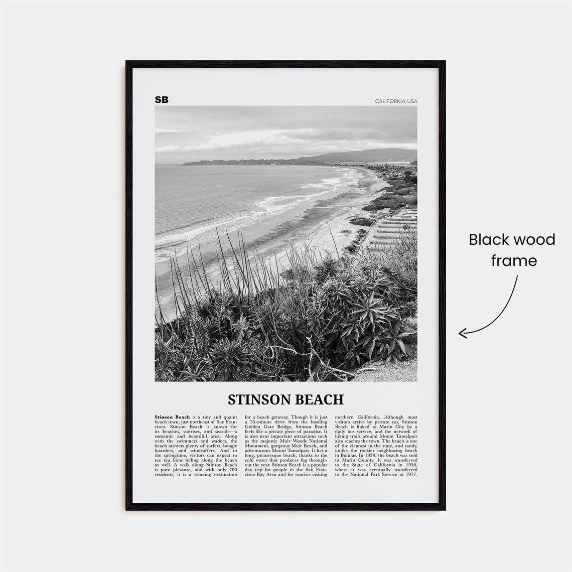 Stinson Beach Black and White California Travel Poster - Image 3