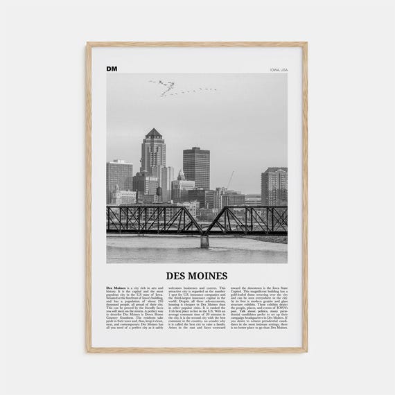 Des Moines Black and White Travel Poster, Iowa
