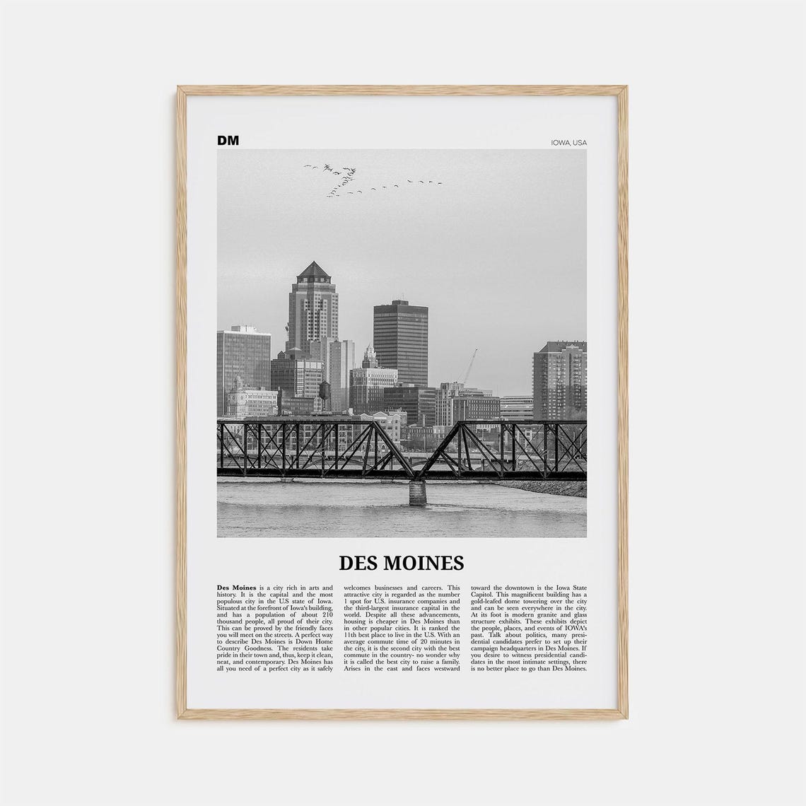 Des Moines Black and White Travel Poster, Iowa