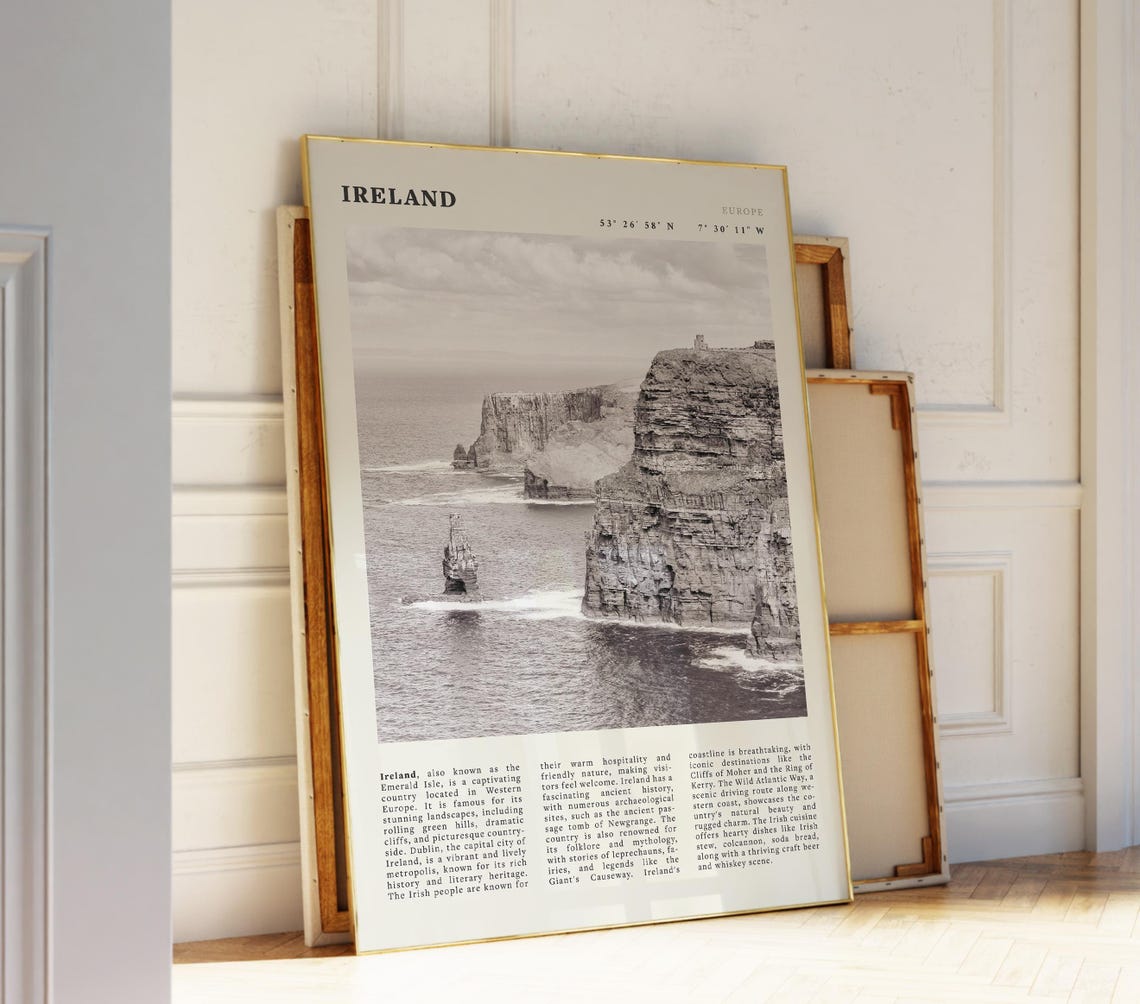 Ireland Black White Cliffs Poster Vintage Emerald Isle Travel Art Print Idea For Nature Lovers