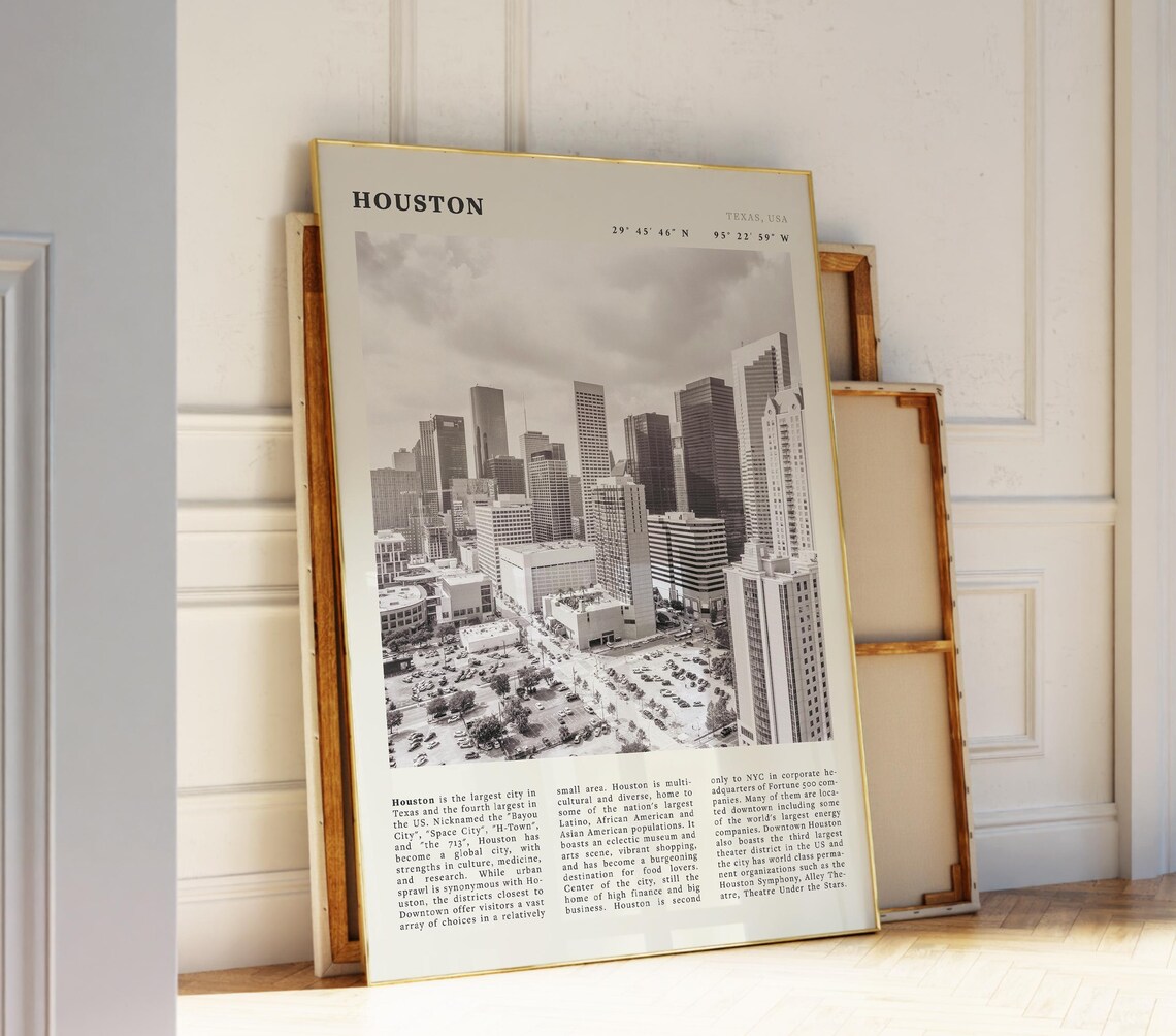 Houston Skyline, Vintage Black And White Travel Poster