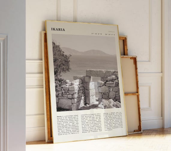 Ikaria Black White Poster Greece Island Wall Art Print Idea For Mediterranean Lovers