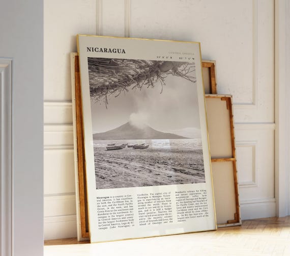Nicaragua Black White Poster Vintage Volcano Beach Print Travel Gift From Central America