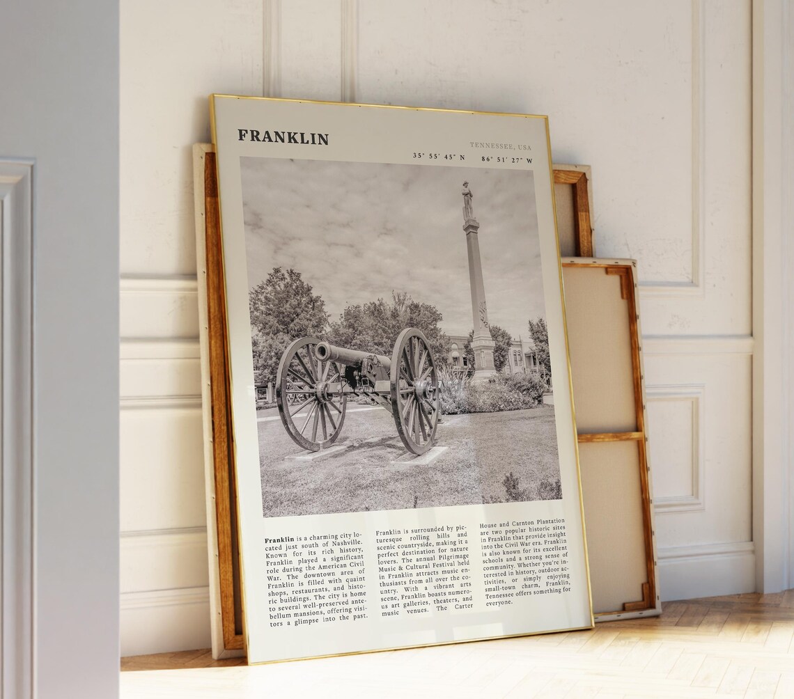 Franklin Tennessee Civil War Cannon Monument Black White Travel Poster