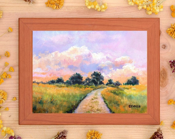 Countryside Painting Original Path Trees Clouds Artwork Alabama Landscape Oil Painting Summer Scene Mini Art Framed Cabin Decoration