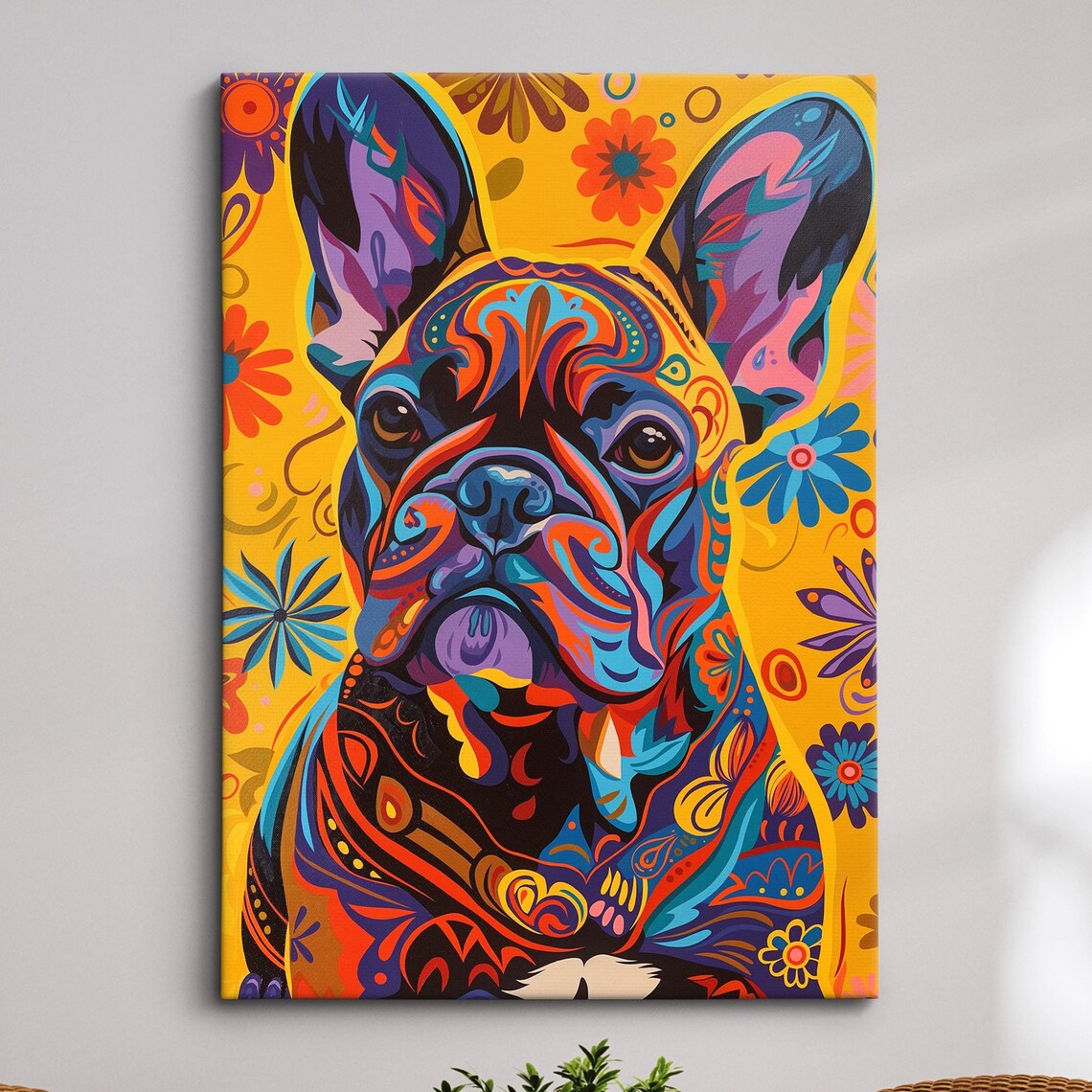 French Bulldog Colorful Psychedelic Floral Pop Art Dog Portrait Poster