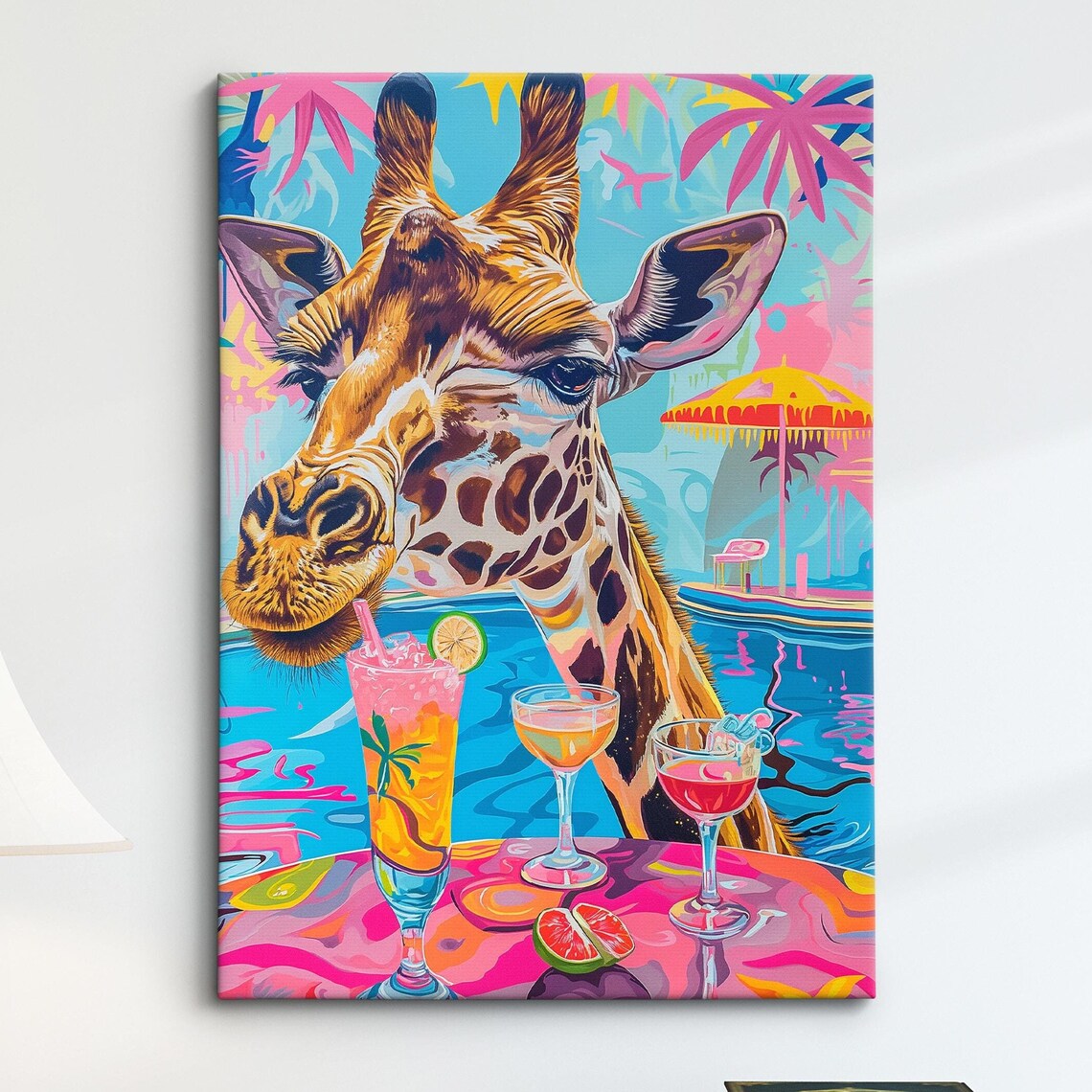 Giraffe Poolside Party Tropical Cocktails Colorful Fun Safari Art Poster