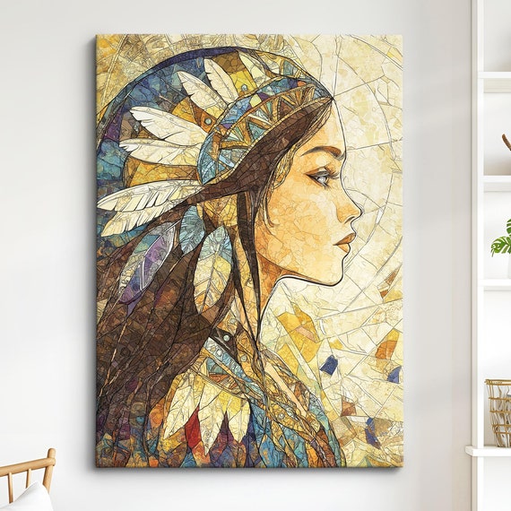 Serene Indian Woman Portrait Art Elegant African Beauty Bohemian Wall Decor Rustic Home Art Print Neutral Tones Oil Painting
