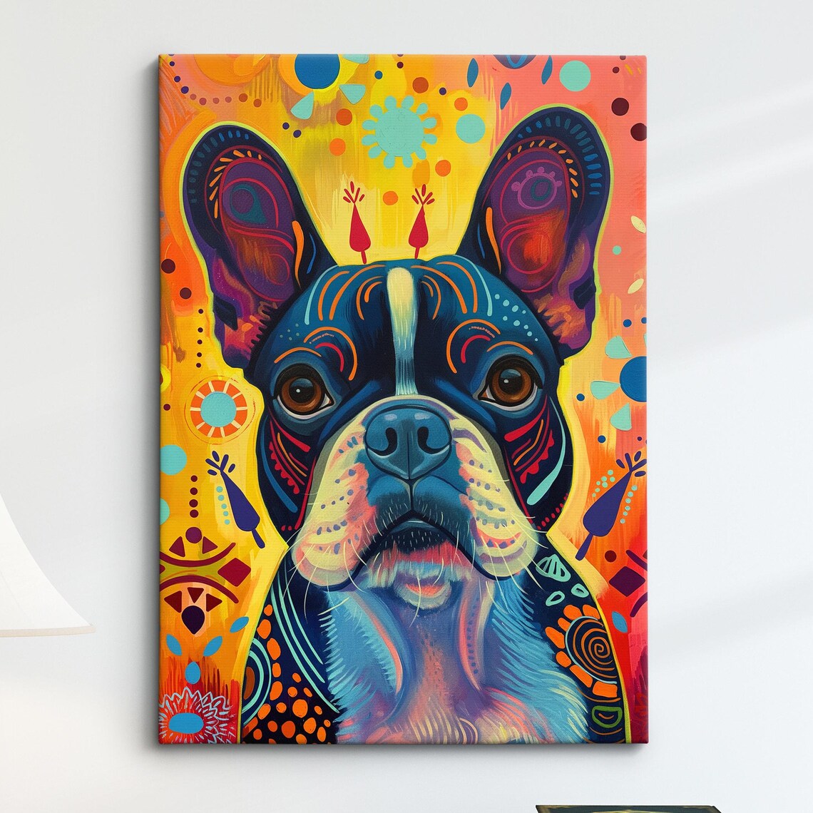 French Bulldog Folk Art Yellow Bright Playful Puppy Portrait Poster