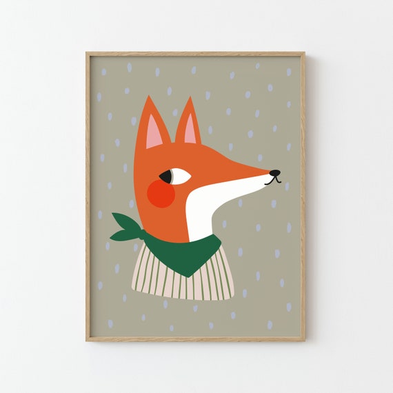Forest Fox Print Illustration Poster For Kids Wall Decor Childrens Room Nursery Green Orange