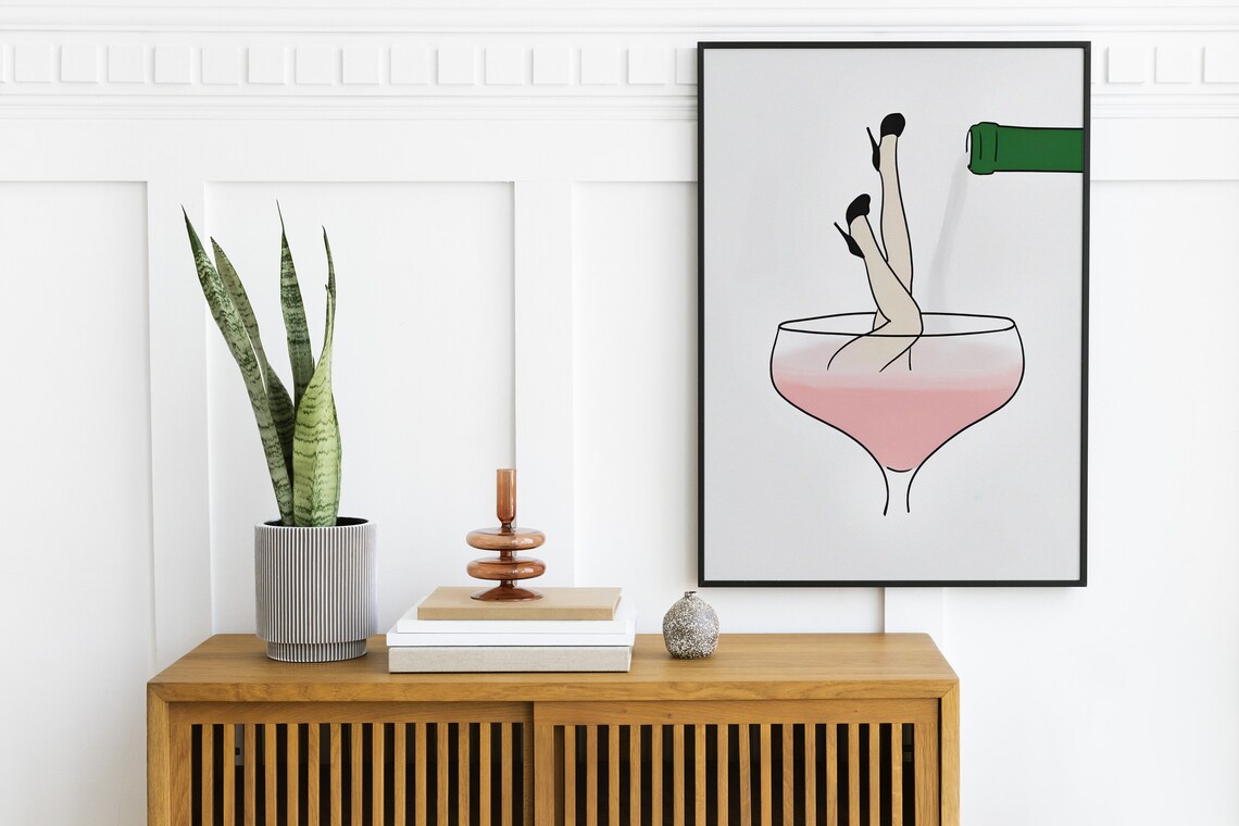Champagne Coupe Legs Pink Line Art Girly Bar Cart Decor Poster - Image 2