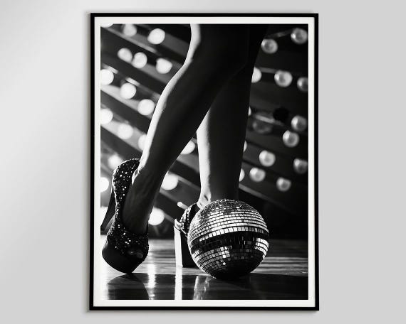 Women Disco Heels Poster Black And White Disco Ball Prints Mirrorball Wall Art For Bar Cart Art Decor Feminist Poster
