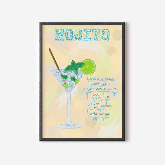 Trendy Mojito Recipe Prints Modern Bar Cart Decor Summer Cocktails Wall Art Retro Home Bar Art Prints Drinks Menu Poster