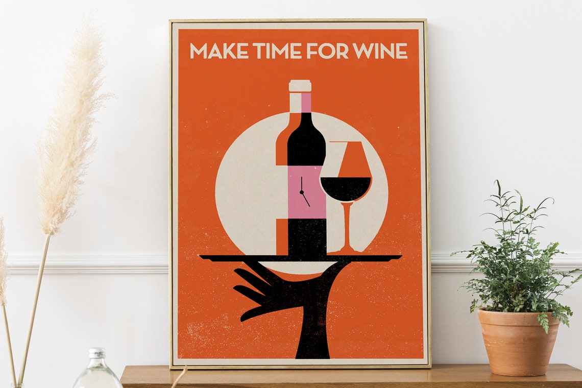 Make Time For Wine Retro Bar Cart Wall Decor Orange Wine Art Print