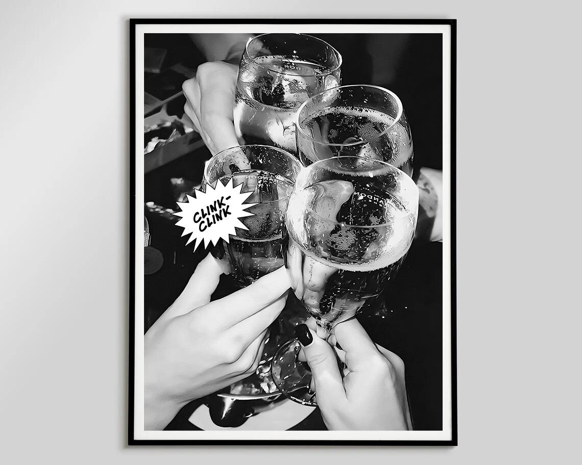 Champagne Glasses Cheers Clink Clink Black White Party Photo Poster