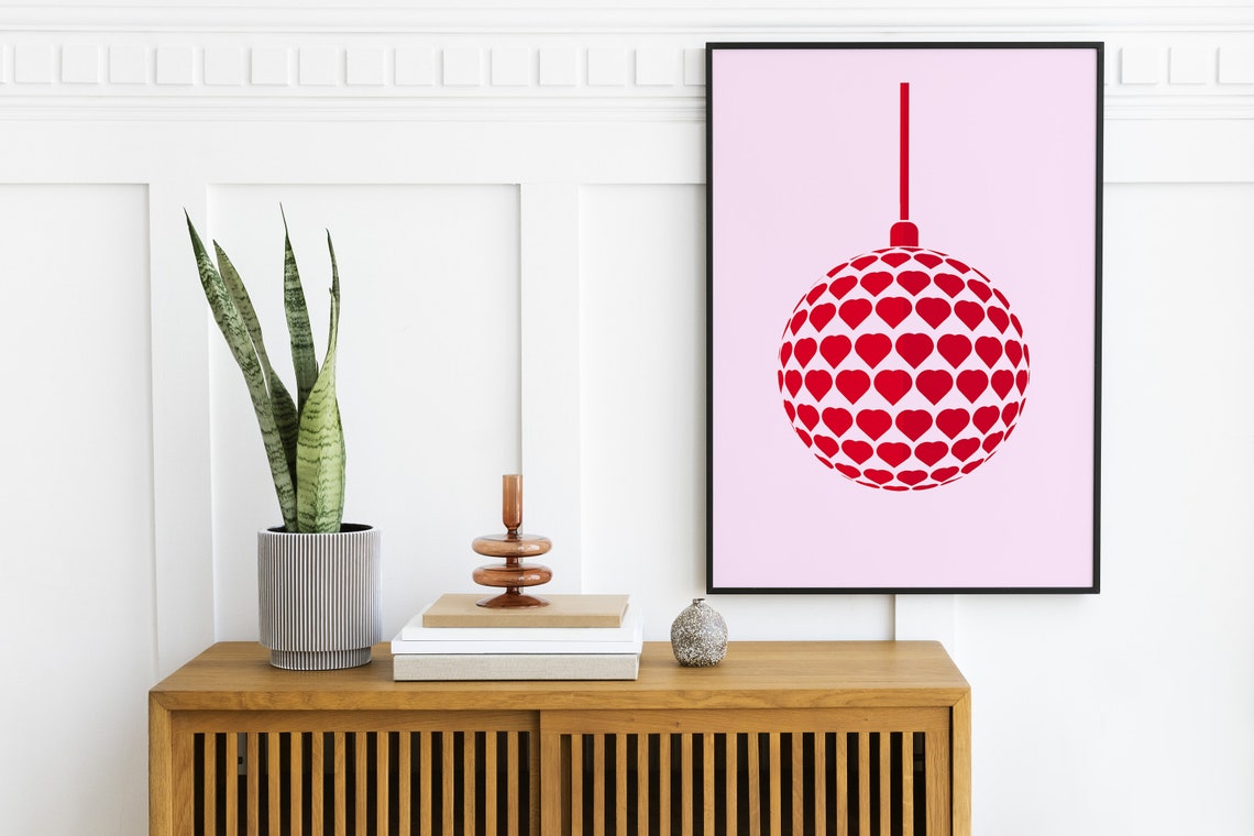 Red Heart Disco Ball Minimalist Pink Valentine Party Wall Art - Image 2