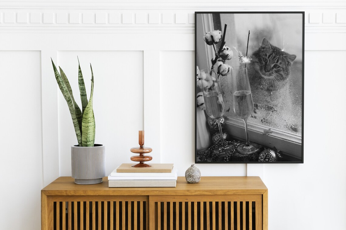 Cat Watching Champagne Flutes Black White Photography Poster - Image 2