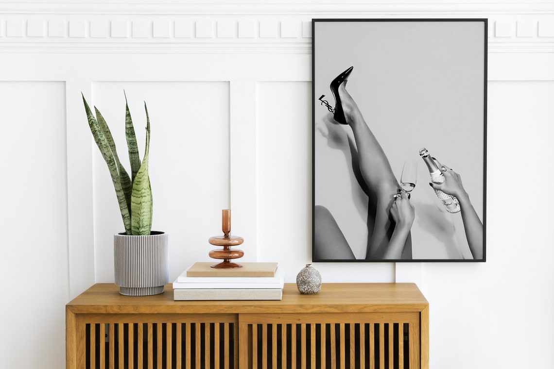 Black White Champagne Pour Glam Bar Cart Photo Shoot Wall Art - Image 2
