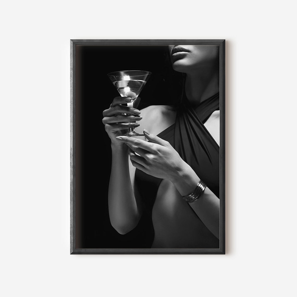Woman Holding Martini Glass Black Dress Luxury Bar Photo Poster
