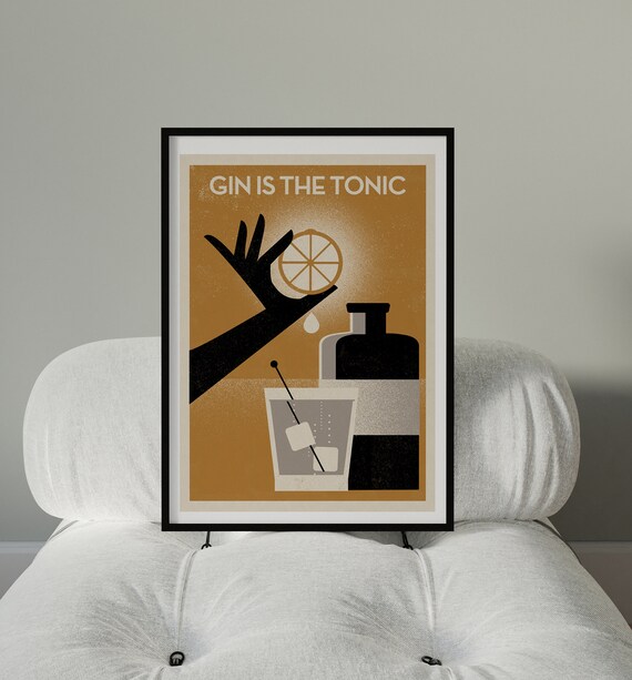 Gin Is the Tonic Retro Cocktail Bar Cart Poster in Ochre Tones