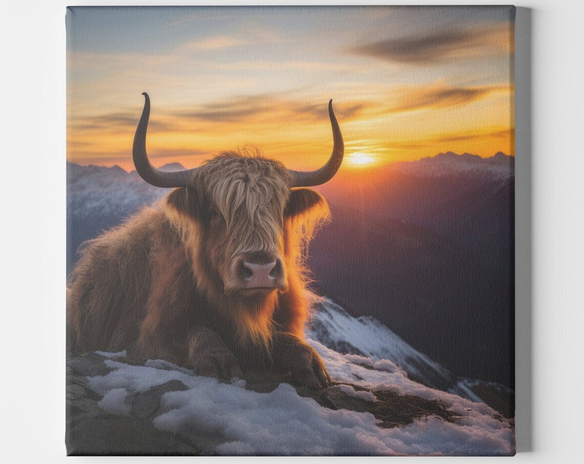 Highland Cow, Scottish Cattle Sunset Mountain Art Print