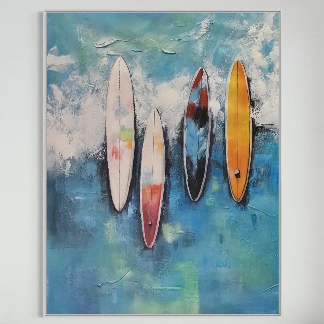 Four Colorful Surfboards Against Blue Ocean Waves Art Poster