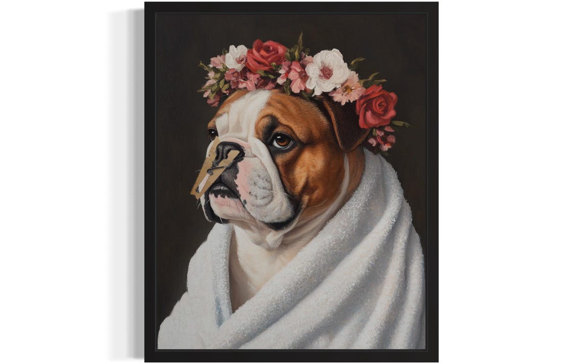 Funny English Bulldog Flower Crown Bathrobe Clothespin Dog Poster