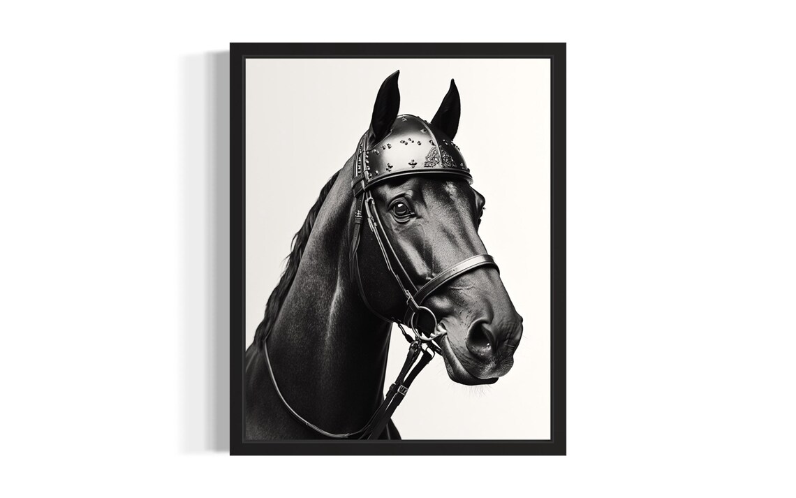 Black Horse in Medieval Knight Helmet Funny Armored Equine Poster