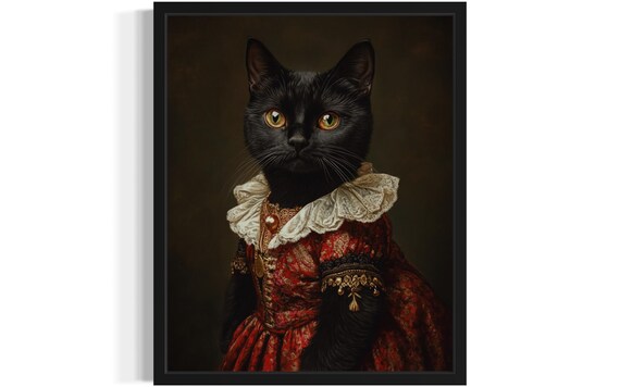 Elegant Victorian Black Cat Regal Lady In Red Dress Portrait Poster