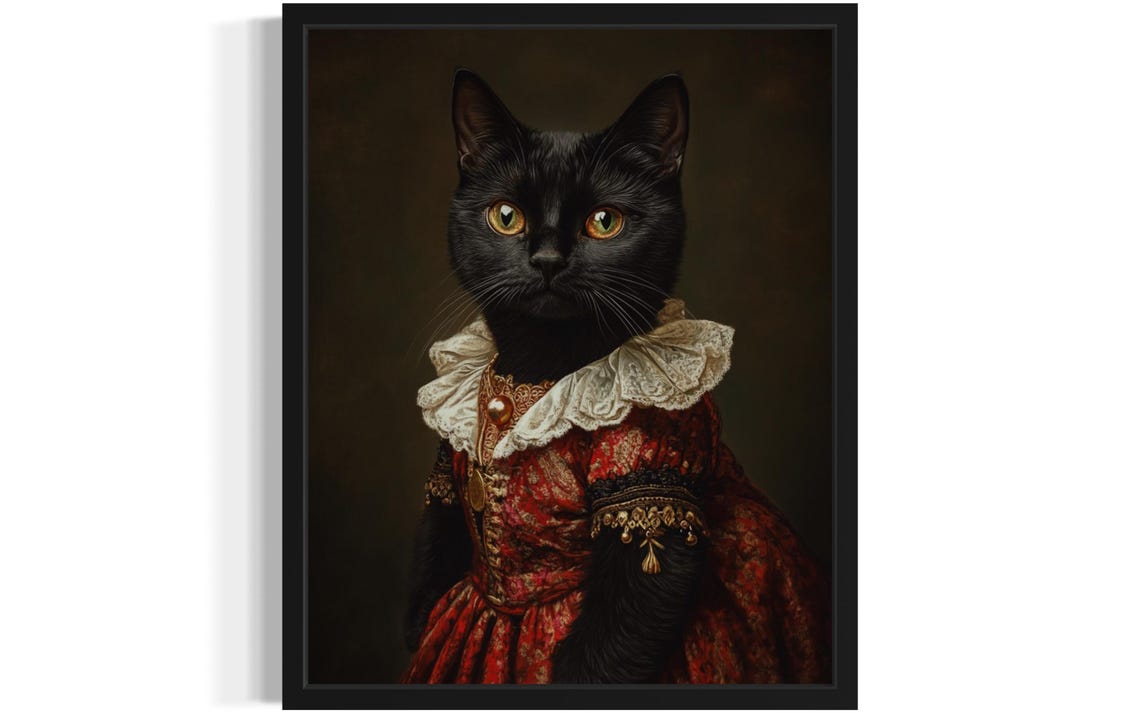 Elegant Victorian Black Cat Regal Lady In Red Dress Portrait Poster