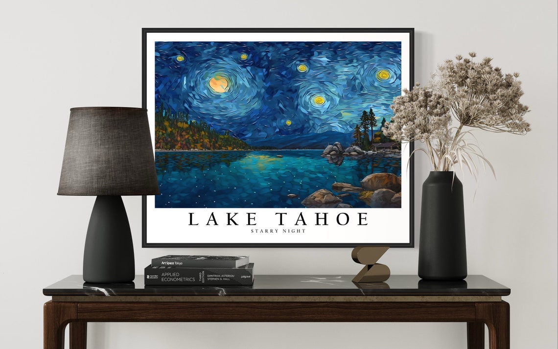 Lake Tahoe Starry Night Moonlit Lake Impasto Landscape Poster - Image 3