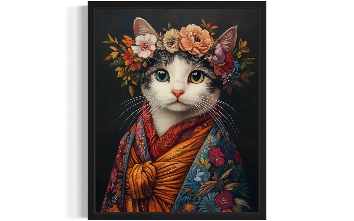 Cat Wearing Flower Crown and Orange Kimono Fine Art Decor Poster