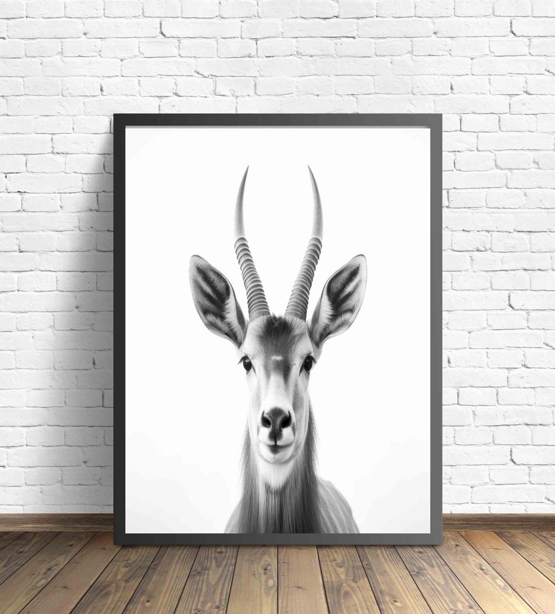 Elegant Antelope Portrait with Long Horns in Black and White Poster - Image 4