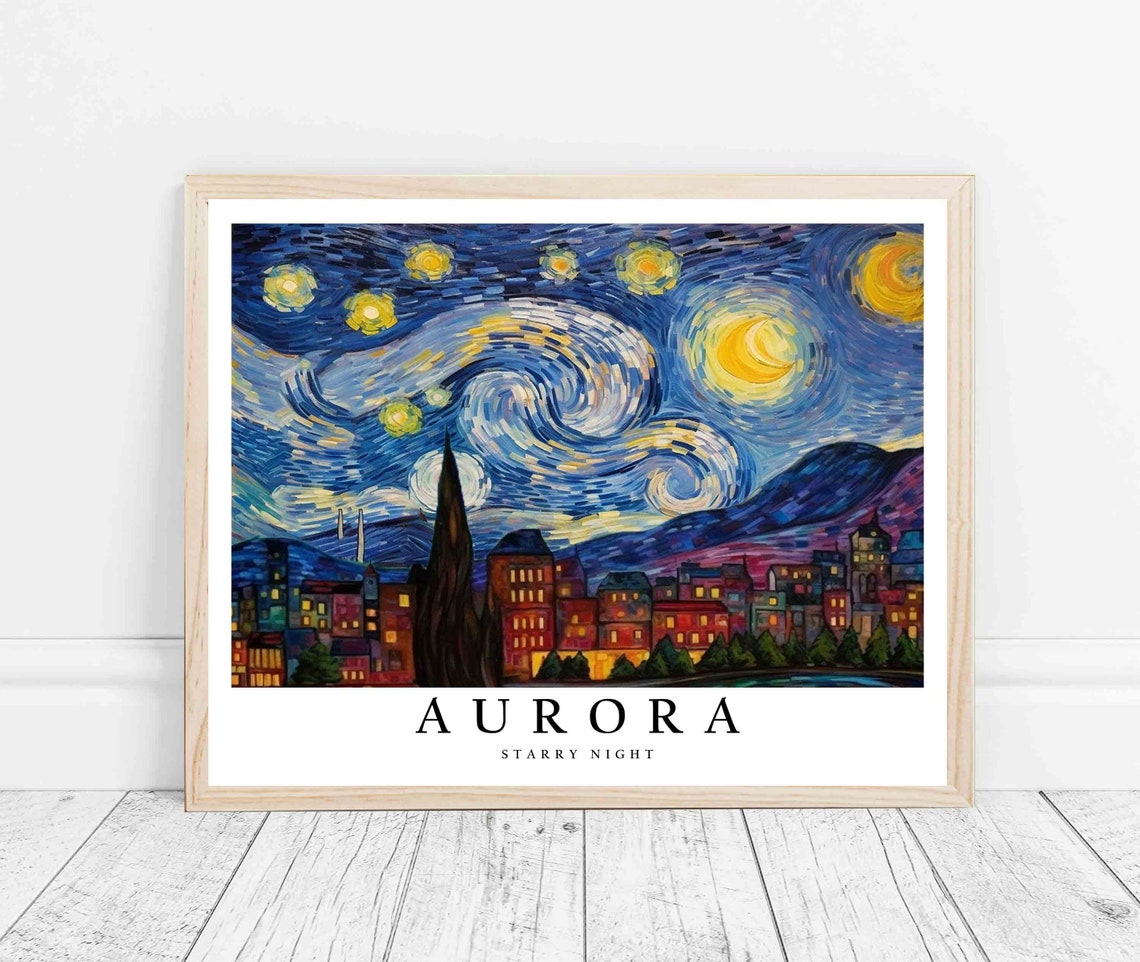 Aurora Starry Night City Lights Mountain Silhouette View Poster - Image 3