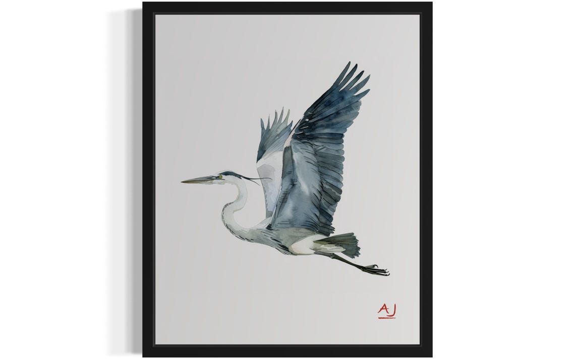Heron Flying With Spread Wings In Watercolor Bird Art Poster