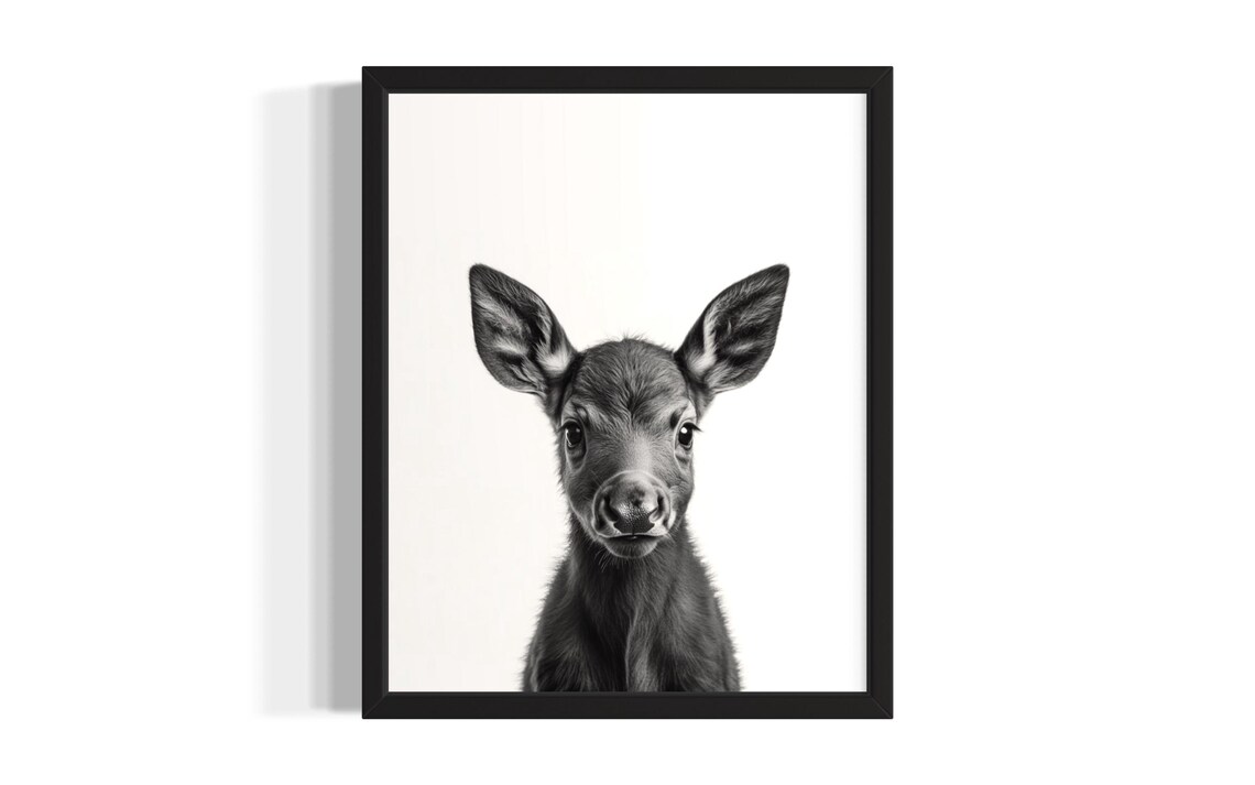 Baby Moose Calf Black And White Woodland Animal Portrait Poster