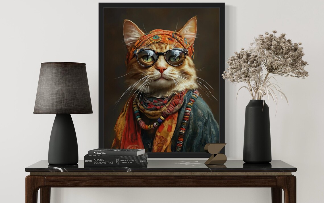 Hippie Cat Portrait With Headscarf Glasses And Beads Art Poster - Image 3