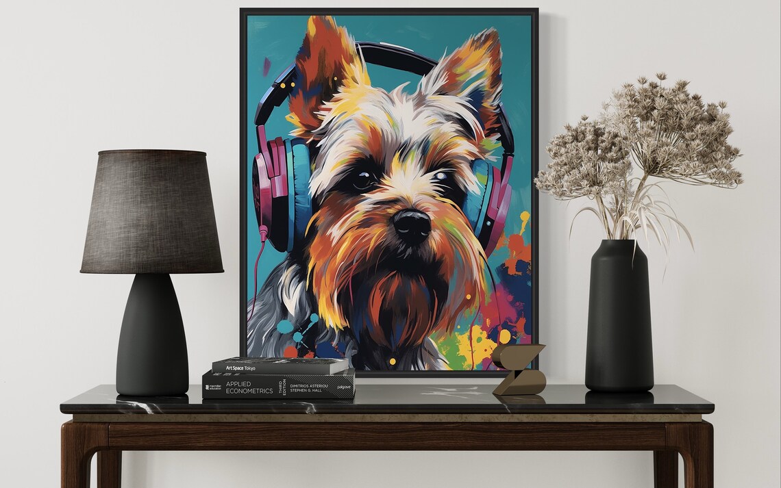 Yorkshire Terrier Wearing Colorful Headphones Pop Art Music Poster - Image 3